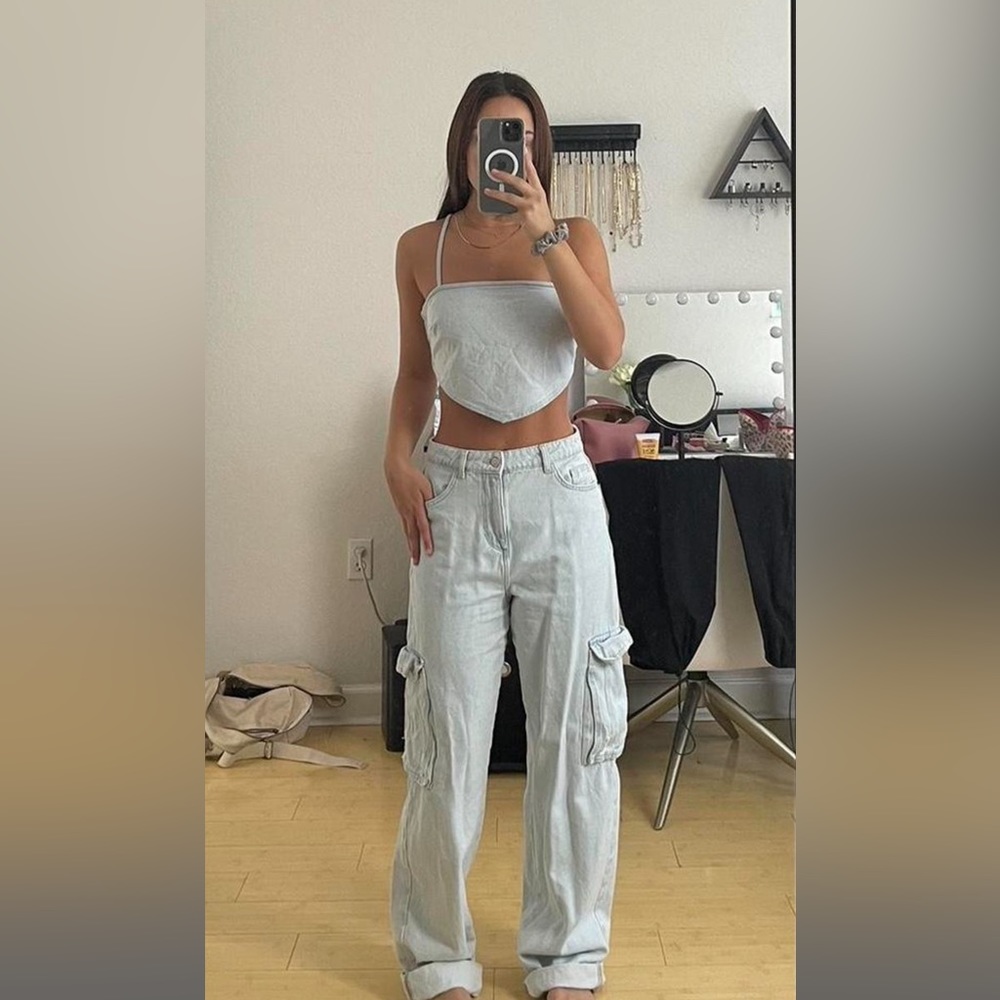 zara denim top and jeans